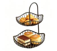 Two Tier Fruit Basket - Modern Metal Black Storage Organizers | Countertop Fruit Baskets For Garlic Ginger Onions Snacks Vegetables Bread Pantry Kitchen Living Room