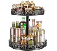 Two Tier Lazy Susan Organizer Turntable Height Adjustable, 2 Tier Lazy Susan 12 Inch Metal Easy Assembly, Spice Rack Organizer Rotating for Cabinet Dining Table Top Kitchen Countertop Black
