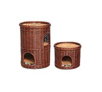 Two Tier Pet Pod Cat/Dog Bed Basket, 2-Tier Wicker Cat House Elevated, Indoor Cat Bed Cozy Cat Cave, Natural & Brown wicker colour with 2 dark pillows
