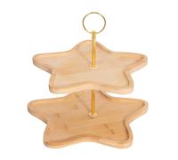 Two Tier Star Bamboo Serving Stand with Gold Handle - 22cm Top, 25cm Bottom, 23.5cm Tall - Festive Wooden Cake Stand for Christmas Dinner, Afternoon Tea, Buffets & Party Snacks