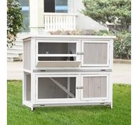 Two-Tier Wooden Rabbit Hutch w/ Wheels, Trough, Rain Cover, Tray - Grey Pawhut
