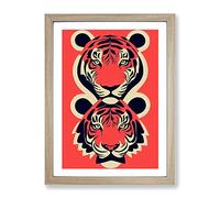 Two Tiger Heads Framed Print | A4 Oak Framed Wall Art | Ready to Hang | Modern Animal Picture | Living Room Bedroom Lounge Office