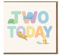 Two Today 2nd Birthday Card for Kids - Cute Animals Design with Turtle, Whale, Otter and Meerkat - Pastel 'TWO TODAY' Letters - Children's Birthday Card