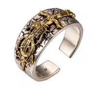 Two Tone 925 Sterling Silver Dragon Sword Ring Engraved Viking Compass Vegvisir Norse Jewelry for Men Women Open Adjustable Size M
