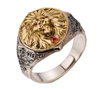 Two Tone 925 Sterling Silver Lion Head Ring Red Stones Animal Jewellery for Men Open Adjustable Size V 1/2
