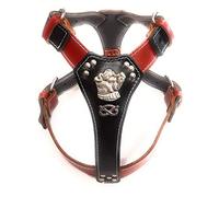 Two Tone Black and Red Leather Dog Harness with Staffordshire Bullterrier Head Motif & Knot