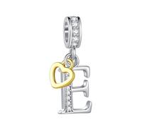 Two-Tone Capital Initial E Letter Rose Gold Heart Danngle Charm fits Pandora Charms Bracelets Gift Love Women Birthday Alphabet Name