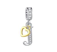Two-Tone Capital Initial J Letter Rose Gold Heart Danngle Charm fits Pandora Charms Bracelets Gift Love Women Birthday Alphabet Name