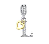 Two-Tone Capital Initial L Letter Rose Gold Heart Danngle Charm fits Pandora Charms Bracelets Gift Love Women Birthday Alphabet Name