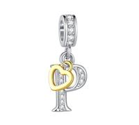 Two-Tone Capital Initial P Letter Rose Gold Heart Danngle Charm fits Pandora Charms Bracelets Gift Love Women Birthday Alphabet Name