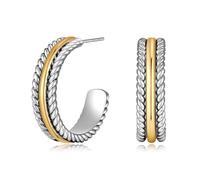 Two Tone Chunky Push Back Earrings with Gold Band Hoop and Parallel Silver Cable