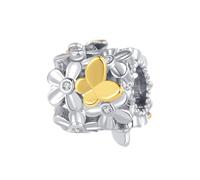 Two-Tone Flower Gold Butterfly Garden Bead Charm Compatible with Pandora Charms Bracelets