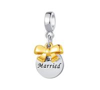 Two-tone Gold Just Married Wedding Bow-Knot Double Dangle Charm Compatible with Pandora Charms Bracelets