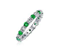 Two Tone Green Birth Month Color Stackable Eternity CZ Pave Cubic Zirconia Promise Ring For Women Sterling Silver 3MM
