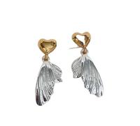 Two Tone Heart Ginkgo Leaf Dangle Stud Earrings, Copper Based Contrast Color Textured Leaf Drop Jewelry, Delicate Metal Pendant Earrings for Women Dating Daily Wear