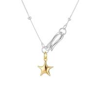 Two-Tone Interlocking Link Star Pendant Necklace, Adjustable Silver Chain with Polished Gold Five-Pointed Star Charm Minimalist Layering Statement Necklaces