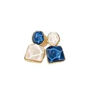 Two-Tone Irregular Square Drop Earrings for Women, Blue White Marble Textured Resin Dangle Earrings, Vintage Gold Frame Contrast Geometric Ear Jewelry for Daily Office Party