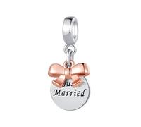 Two-tone Rose Gold Just Married Wedding Bow-Knot Double Dangle Charm Compatible with Pandora Charms Bracelets