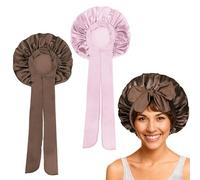 Two-Tone Satin Silk Hair Bonnet for sleeping Women - Sleep Bonnet with Long Ribbons, Adjustable Satin Bonnet for Curly Hair Sleeping & Daily Wear (Pink and Chestnut)