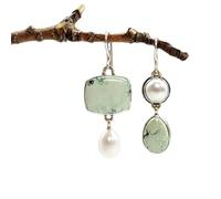 Two-Tone Silver Asymmetric Turquoise Pearl Drop Earrings Hook Dangle Jewelry for Women