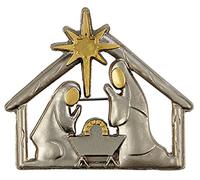 Two-Tone Silver Toned Base Christmas Nativity Stable Lapel Pin, 1 7/8 Inch