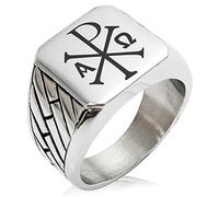 Two-Tone Stainless Steel Chi Rho Alpha Omega Engraved Geometric Pattern Biker Style Polished Ring, Size X 1/2