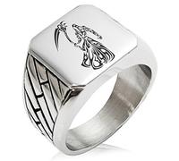 Two-Tone Stainless Steel Harbinger Grim Reaper Engraved Geometric Pattern Biker Style Polished Ring, Size T 1/2