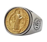 Two Tone Titanium Stainless Steel Catholic St Benedict Medal Cross Ring for Men Women Size V 1/2