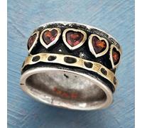 Two-Tone Wide Band Ring with CZ for Women Heart-Shape Daily Party Ring | Two-tone Mixed Metal Finish, Heart-shape Red CZ Inlay, Hammered Texture Detail, for Daily Wear Party Gathering