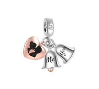 Two-tone You and Me Wedding Bell Triple Dangle Heart Charm Compatible with Pandora Charms Bracelets