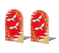 Two Traditional Cranes Flying in The Sky Bookend Premium Wood + Metal L Shape Decorative Book Ends Book Support for Bookshelf Desktop Classroom Kids Room Kitchen Home Decor, 5x3 Inch/1 Pair