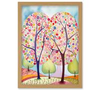 Two Trees Blooming In Spring Folk Art Watercolour Painting Artwork Framed Wall Art Print A4 Artery8 Light Oak One Size
