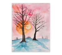 Two Trees Misty Sunset Winter Snow Landscape Wall Art Print Artery8 Pink W24 inch x H32 inch
