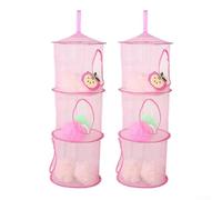 Two Triple Layer Foldable Hanging Storage, Mesh Organizer with Hooks for Home Organization, Perfect for Various Storage Needs (Pink)