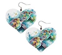 Two turtles watercolor splash Leather Earrings for Women Heart Earring Lightweight Dangle Earrings Jewelry Gifts