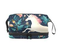 Two Unicorns with Flower Plant Double Layer Cosmetic Bag for Women and Girls, Travel Toiletry Bag Makeup Handy Pouch Organiser Bag with Brush Compartment