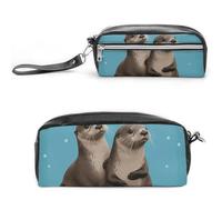 Two Water Sloths Pencil Case Large Capacity Leather Pencil Pouch with Zipper, Portable Small Makeup Bag, Office Supplies Organizer for Women Men