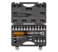 Two-way torque wrench 1/4", 5-25Nm, set of 21 pieces.