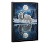 Two White Arctic Wolves By Icy Water With Full Moon Snowy Mountain Forest Reflection Canvas Wall Art Poster, Mystic Winter Wildlife Landscape, Calm Art For Cabin Lodge Rustic Mountain Home D Black Fra