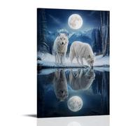 Two White Arctic Wolves By Icy Water With Full Moon Snowy Mountain Forest Reflection Canvas Wall Art Poster, Mystic Winter Wildlife Landscape, Calm Art For Cabin Lodge Rustic Mountain Home D 20x30inc