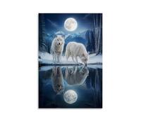 Two White Arctic Wolves By Icy Water With Full Moon Snowy Mountain Forest Reflection Canvas Wall Art Poster, Mystic Winter Wildlife Landscape, Calm Art For Cabin Lodge Rustic Mountain Home D 16x24inc