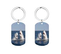 Two White Beluga Whale Metal Keyring Keychain Pendant Rectangle Tags Double Sided Printed Signs Gifts