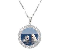 Two White Beluga Whale Necklace For Women Charm Circle Pendant with Crystals Dainty Jewelry