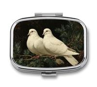Two White Doves Perched on Evergreen Branch Pill Box 2 Compartment Portable Medicine Pill Case Travel Pill Organizer for Pocket Purse
