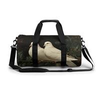 Two White Doves Perched on Evergreen Branch Travel Gym Bag for Women Men Cylindrical Duffle Bag Sport Workout Bag with Shoulder Strap