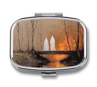 Two White Ghosts Standing on Old Wooden Bridge Pill Box 2 Compartment Portable Medicine Pill Case Travel Pill Organizer for Pocket Purse