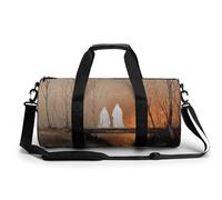 Two White Ghosts Standing on Old Wooden Bridge Travel Gym Bag for Women Men Cylindrical Duffle Bag Sport Workout Bag with Shoulder Strap