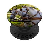 two white horses at a carriage against a green park PopSockets Adhesive PopGrip