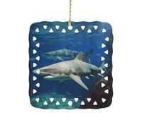 Two White Sharks Ceramic Christmas Ornaments Rustic Square Xmas Tree Pendant Decor with Hanging String Personalized Double-Sided Holiday Party Ornament for Xmas Gifts