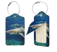 Two White Sharks Luggage Tags for Suitcases, 2 PCS PU Leather Travel Bag Label Suitcase Tag with Stainless Steel Loop Name ID Labels with Privacy Cover Baggage Tags for Women Men